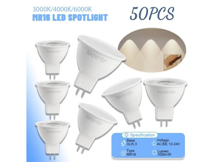 Ampoule MR16 basse tension AC DC 12V 24V, projecteur LED GU5.3 3W 8WLampada Bombillas, remplacement de la lampe halogène 50W, connexion domestique, 50 pièces