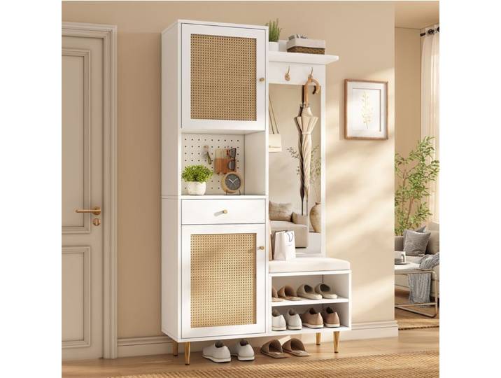 ROVRYN Ensemble vestiaire d'entrée 6-en-1 avec banc miroir patères et meuble à chaussures 99 x 35 x 180 cm