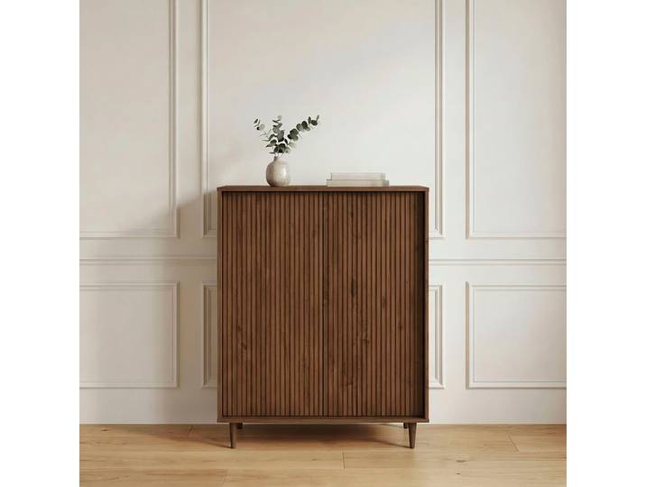 Highboard GOODPRODUCT Malmedy Front mit gefrästen Rillen , braun, B:100cm H:120cm T:38cm, FSC-zertifiziertes Massivholz, MDF, Sideboards, Highboard, Kommode Midischrank aus massivem Kiefernholz, Push-to-open, B 100 cm