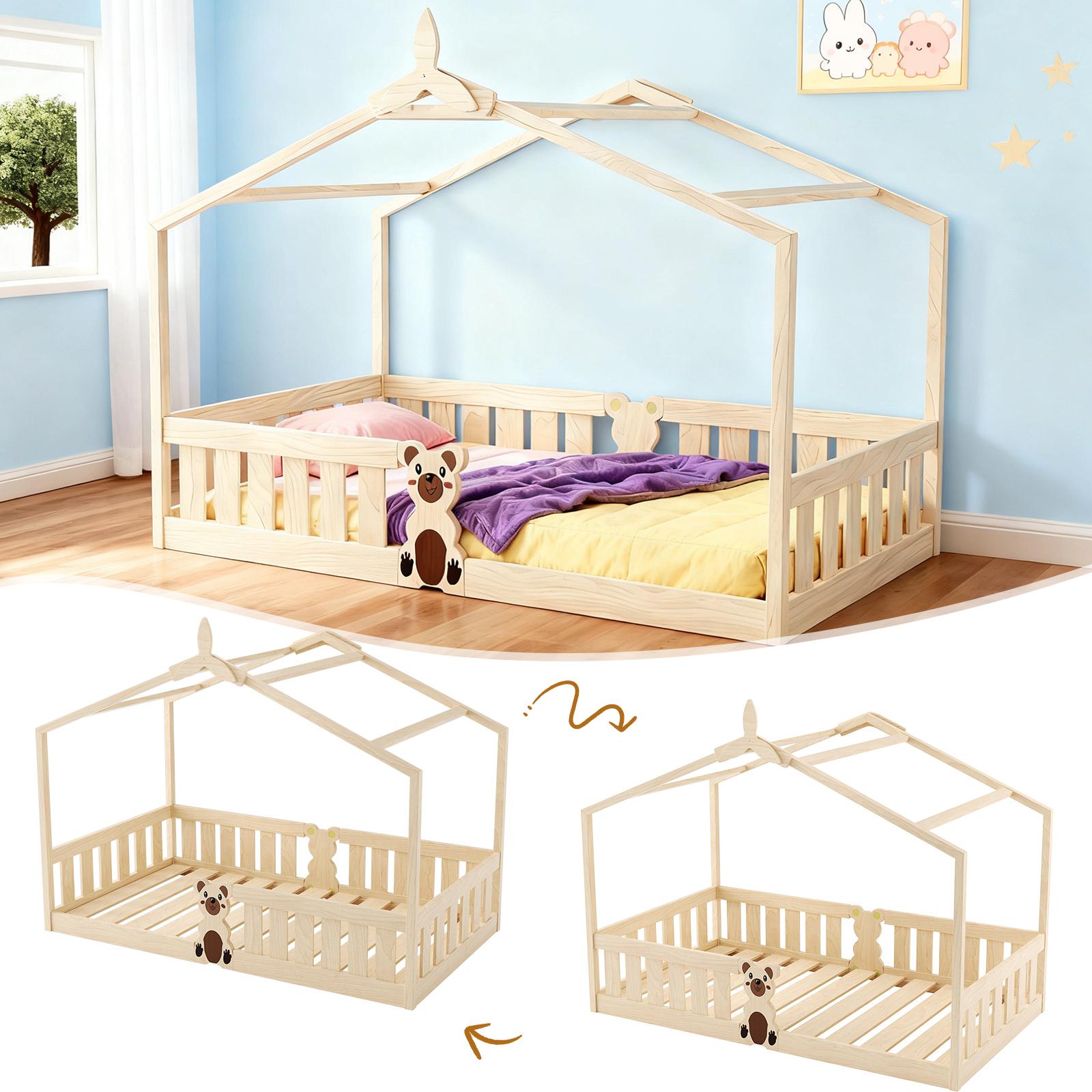 Montessori Bodenbett für Kinder - Hausbett 90x200 cm - mit Rausfallschutz - Lattenrost - Massivholz - gelb