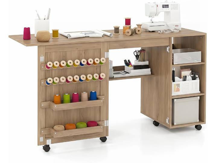 Table De Couture Pliante\, Meuble Machine À Coudre Avec 4 Compartiments Ouverts\, 18 Rangées De Bâtonnets\, 2 Plateaux De Rangement\, Naturel