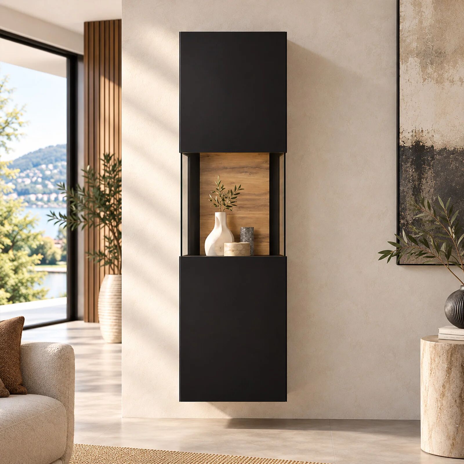garneroarredamenti Vetrina sospesa 36x140h cm da parete nero rovere Fusion