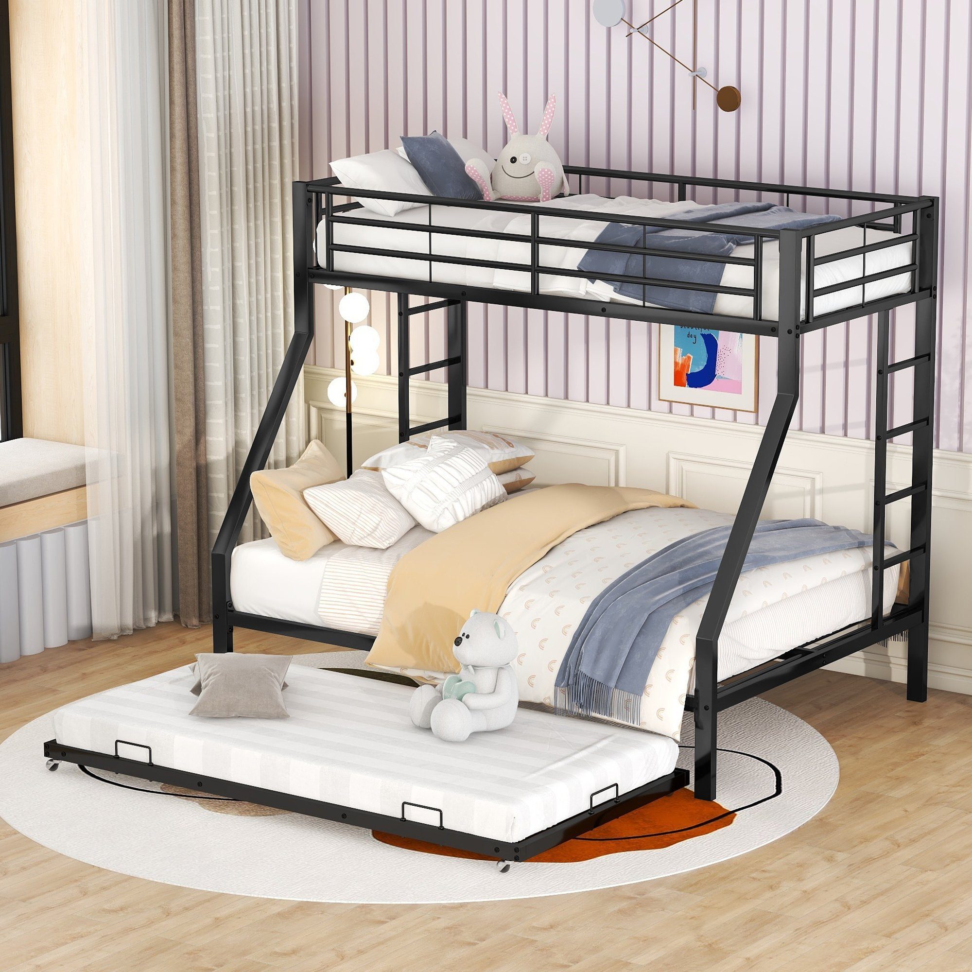 Etagenbett, Metallbett mit ausziehbarem Bett,mit Leiter auf beiden Seiten für Kinder, Jugendliche, Erwachsene, einfach zu montieren, 90/140x200cm, schwarz