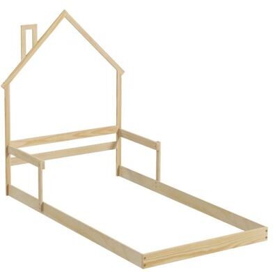 Costway Twin Size Floor Bed with Chimney and Headboard and Handrail-Natural