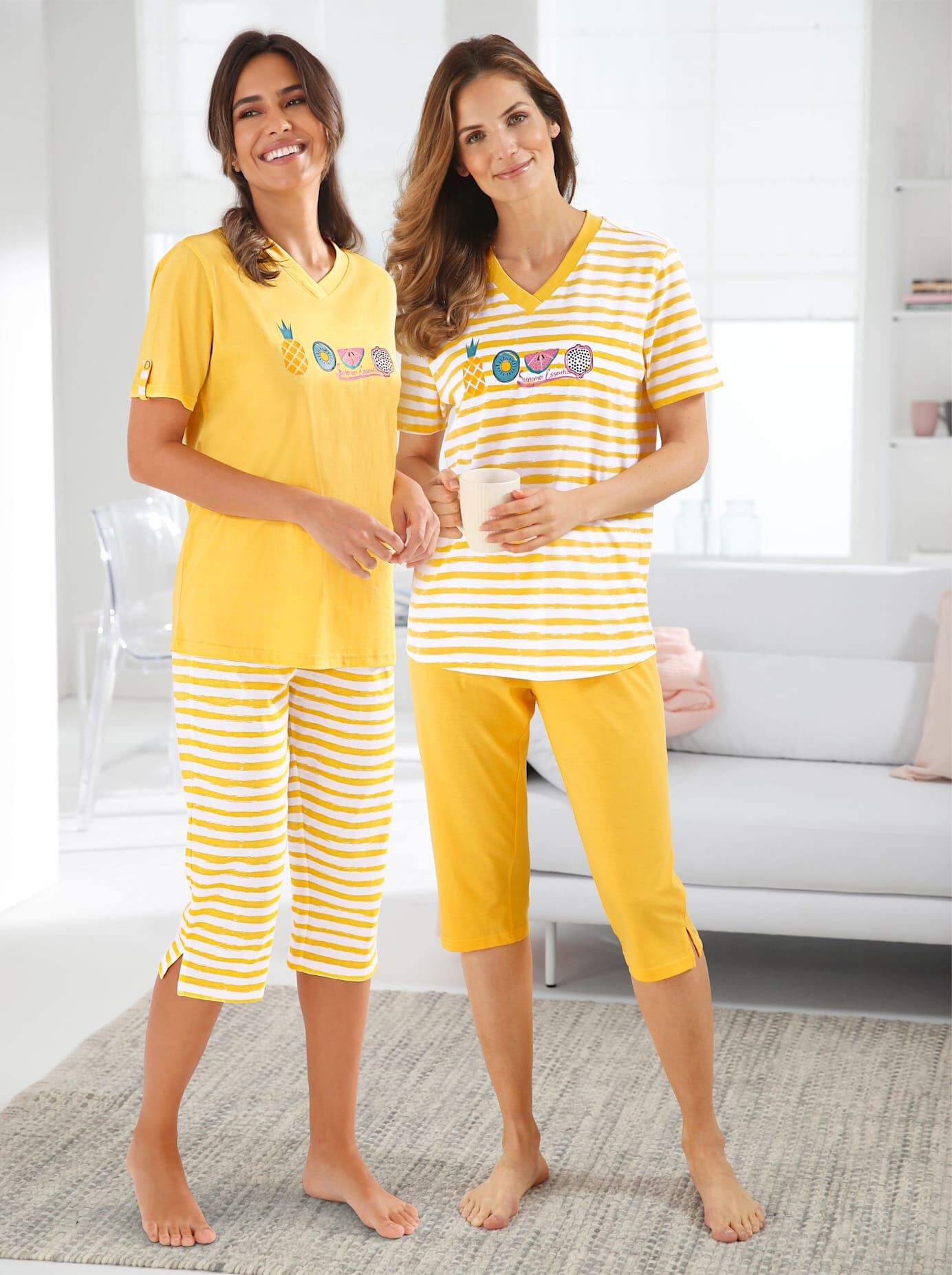Schlafanzug COMTESSA, Damen, Gr. 36/38, gelb (gelb, gelb, geringelt), 100% Baumwolle, Homewear-Sets Schlafanzug gelb, gelb, geringelt 36/38