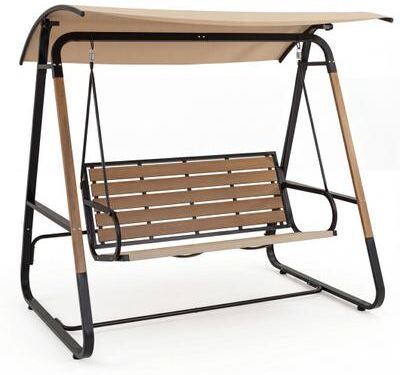 Costway 3-Person Porch Swing, Outdoor Swing with Adjustable Canopy-Beige