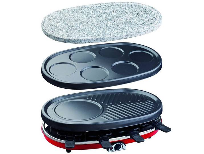H.Koenig Raclette RP-418 mit wechselbaren Pletten, heißer Stein, 8 Raclettepfännchen, 1500 W
