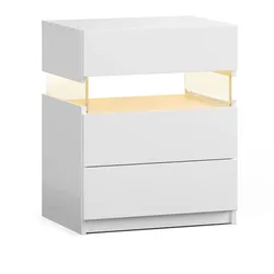 OKWISH Nachttisch Holzwerkstoff Weiß mit RGB-LED-Beleuchtung und 3 Schubladen, vielseitig als Beistelltisch nutzbar