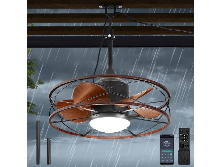 Ventilateur de plafond extérieur LED de 20 pouces avec lumière et télécommande ventilateur de tonnelle étanche avec crochet noir pour patios Pergola porche