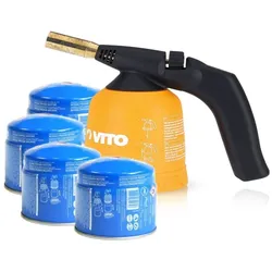 ABS Gaslötlampe Piezo-Zündung + 4 durchstechbare 190gr Gaspatronen VITO
