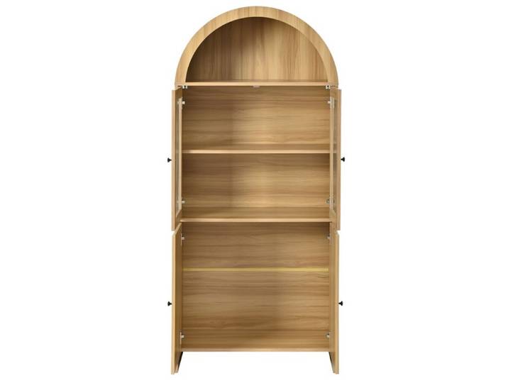 Vitrine haute – Buffet de rangement – Portes vitrées et sommet arqué – Aspect bois naturel