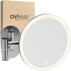 ovimar Kosmetikspiegel Vorupor, dimmbare Beleuchtung, silber, 5-fach Vergrößerung, zum Kleben, Ø Spiegel 17,9 cm