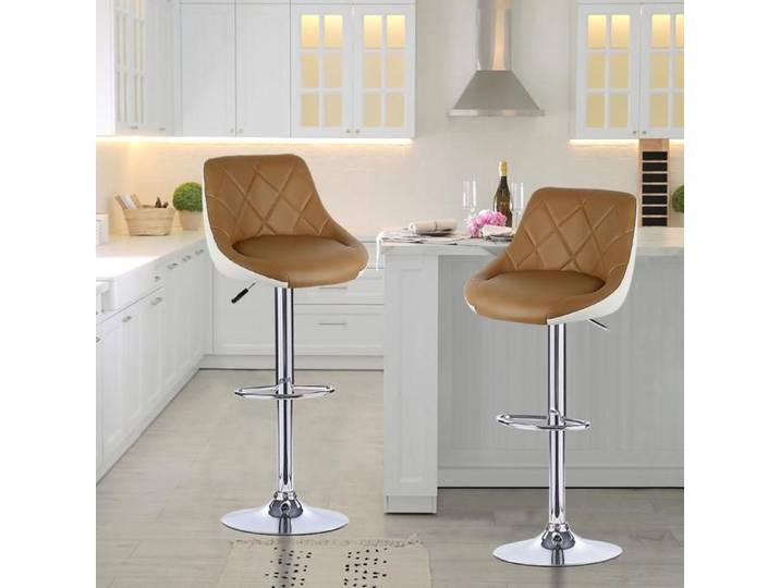 Lot de 2 Tabouret de bar-MENGDA-Tabouret de bar-360°-Réglage en hauteur-Jusqu'à120kg- PU Cuir-Devant camel et dos blanc