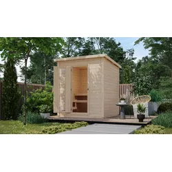 Karibu Gartensauna Saunahaus Hyun Aktionsangebot naturbelassen Isolierte Saunatür mit Glaseinsatz 9 kW Bio-Kombiofen inkl. Steuergerät Easy
