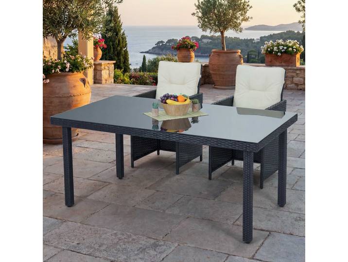 Poly-Rattan Gartentisch Cava, Esstisch Tisch mit Glasplatte, 160x90x74cm Anthrazit