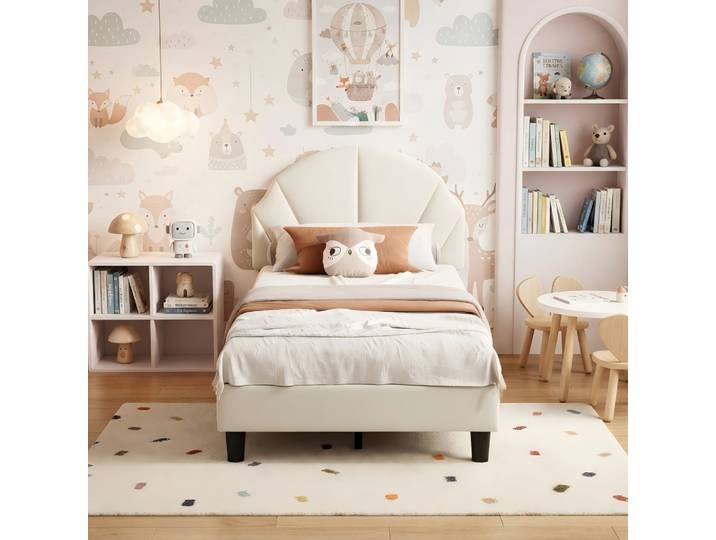 Syeklaoo Générique Lit Fille 90x200 Cm Avec Sommier À Lattes Tête De Lit Réglable En Hauteur\,en Forme De Coquillage\,lit Simple Enfant Fille En Velours-beige