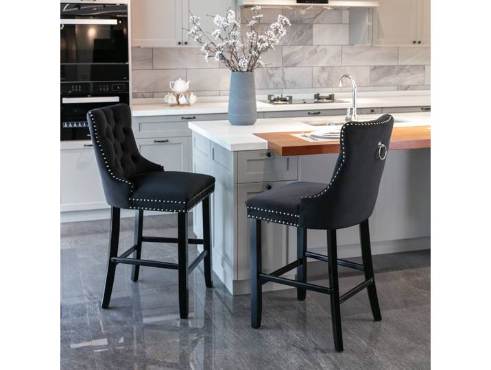Tabourets de bar rembourrés en velours contemporain, 2 pièces, avec pieds en bois de décoration capitonnés à boutons, chaises de Bar de Style loisirs, tabourets de Bar