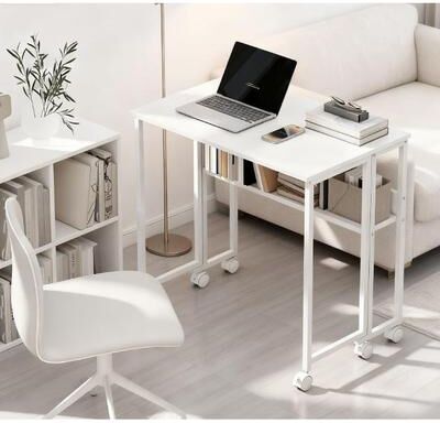 Folding Computer Desk,with Storage Bag, Shelf and Wheels for Small Spaces, Home Office