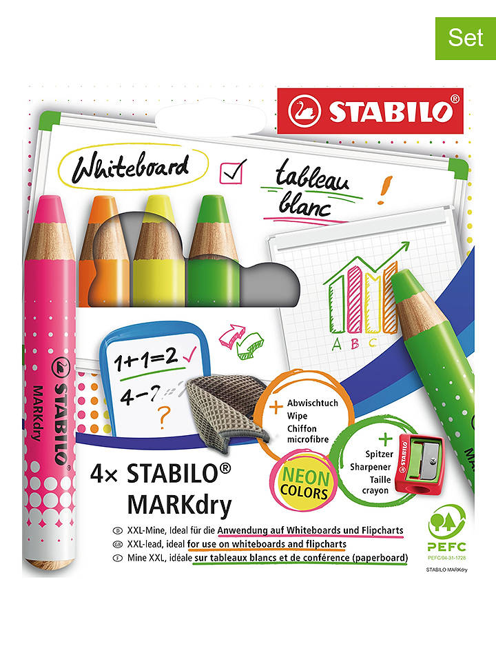 STABILO Whiteboard- & Flipchartmarker "MARKdry" - 4 Stück+Zubehör - onesize