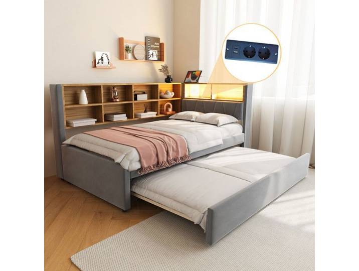 Canapé-lit multifonction LED - Ports de charge - Rangement - Gris foncé