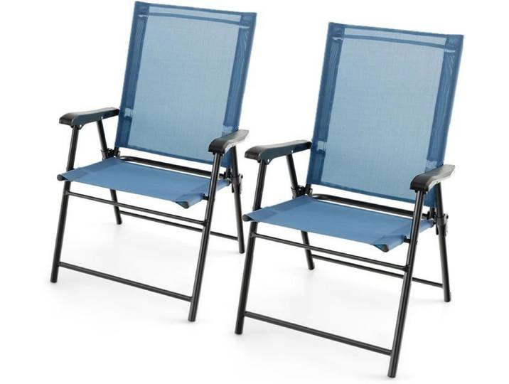 GOPLUS Lot de 2 Chaises de Jardin Pliantes avec Accoudoirs-Tissu Respirant & Cadre Métallique Solide-Chaises Portables Légères Bleu