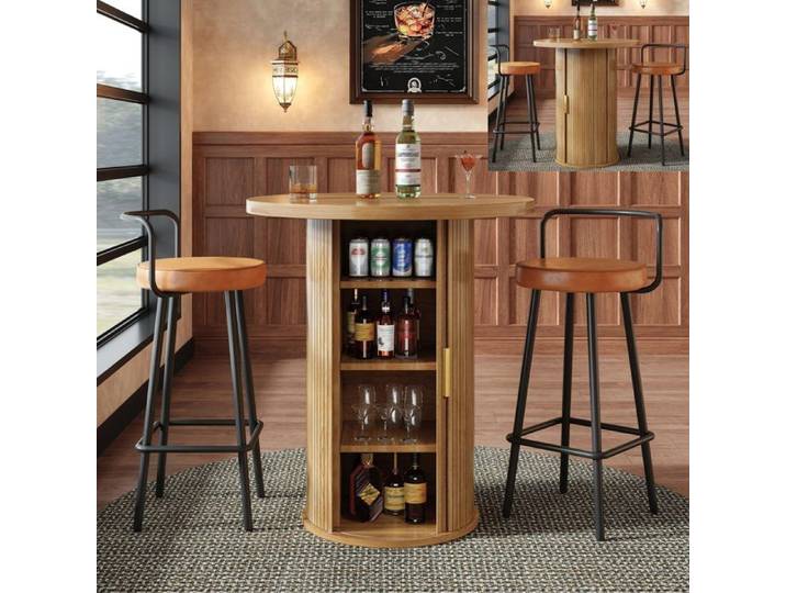 Ensemble de Table à manger ronde avec 2 tabourets de bar Table à manger Table de bar haute avec rangement et 2 chaises - bois