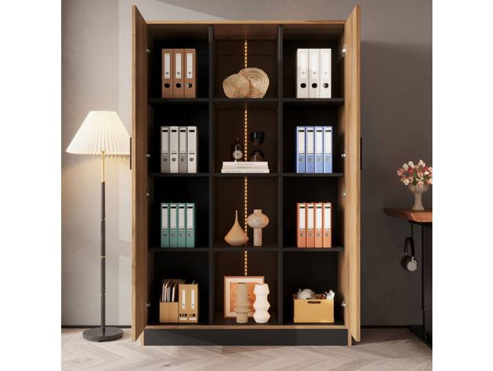 ULEVR Vitrine haute 95 x 35 x 160 cm effet chêne et noir avec LED 2 portes battantes