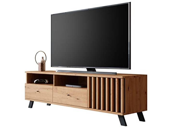 Newroom TV Lowboard Wildeiche Anthrazit grifflos TV Schrank Wohnzimmer Lamellenfront mit 2 Schubladen und offenen Fächern, TV Board, TV Bank, modern skandinavisch für Fernseher