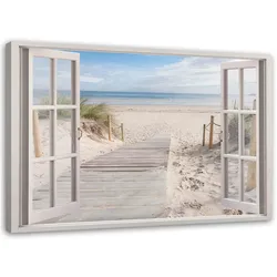 BILD AUF LEINWAND Fensterblick Strand Meer Landschaft 90x60cm
