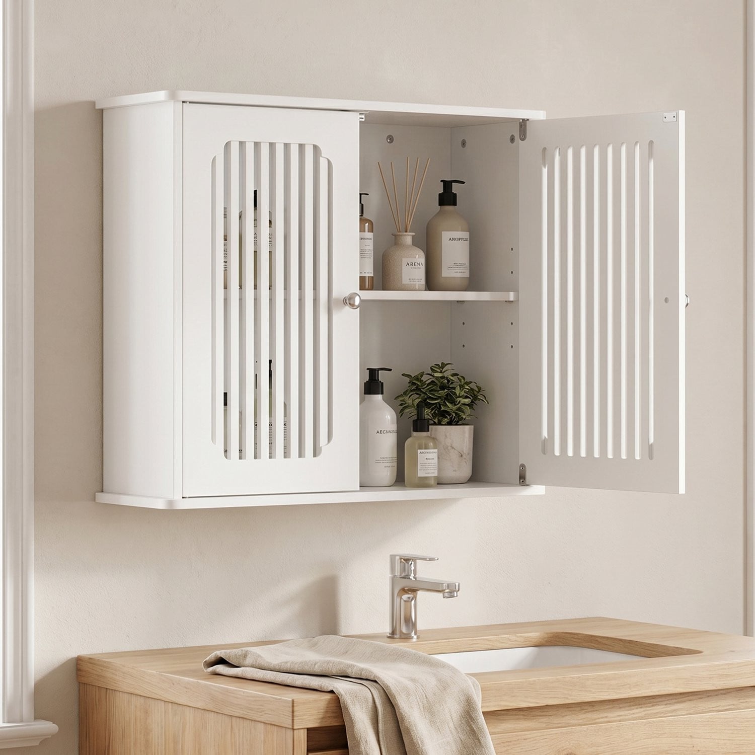 MODFU Badkamer Wandkast met Dubbele Lameldeuren in Wit MDF