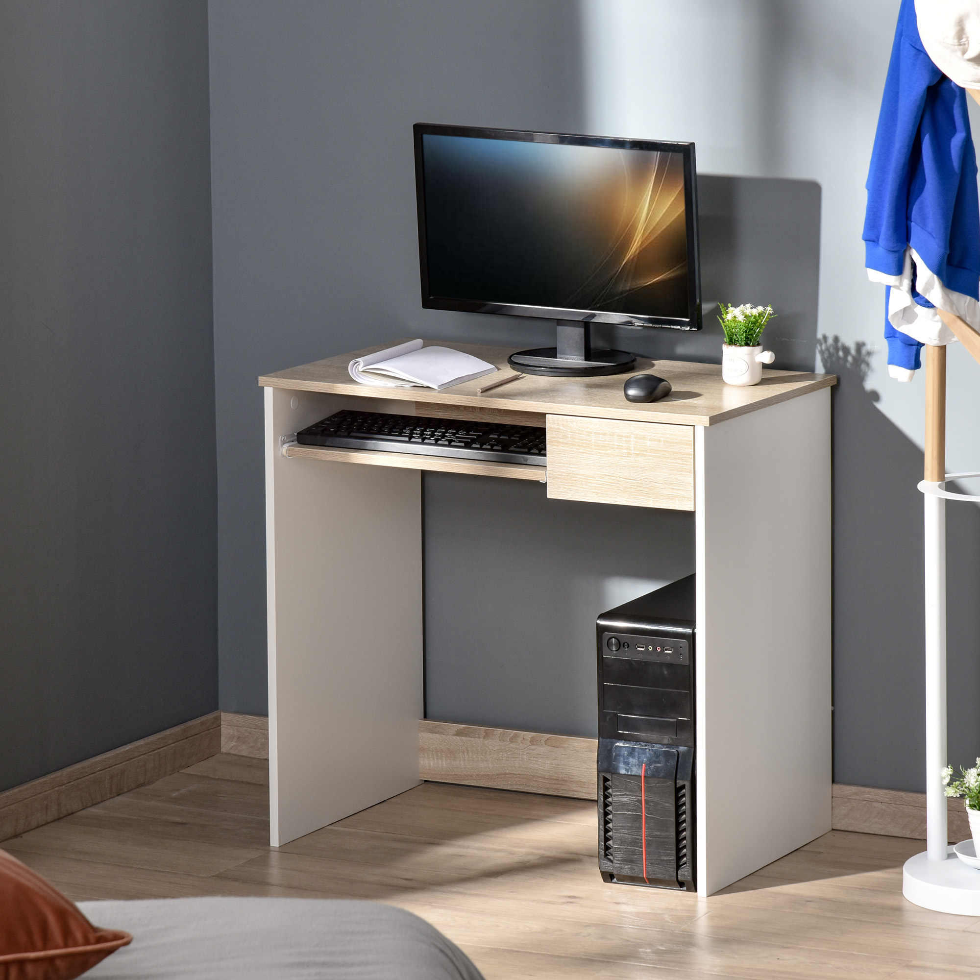 Homcom Scrivania per Camera, Scrivania PC in Legno, Scrivania per Computer con Ripiano Tastiera, Bianca e Rovere Aosom