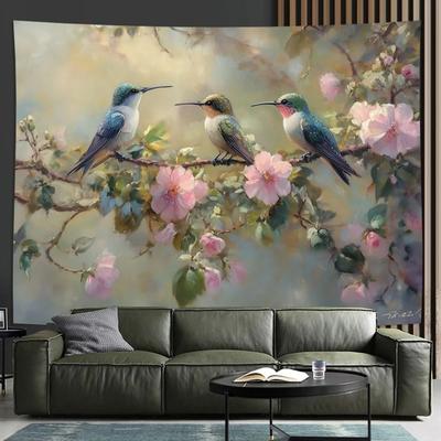 Uplift Essentials Vibrant Hummingbird & Soft Floral Tapestry Elegant Botanical Wall Art For Bedrooms, Offices, & Creative Living Spaces 51 X 59 In