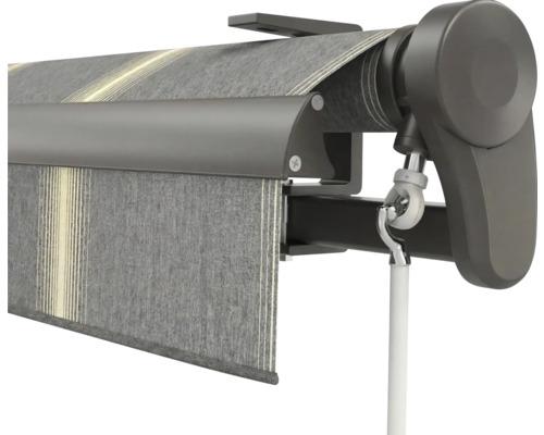 Soluna Gelenkarmmarkise Trend 5x3 Stoff Dessin D417 Gestell DB703 dunkelgrau Antrieb Rechts inkl. Motor mit Nothandkurbe