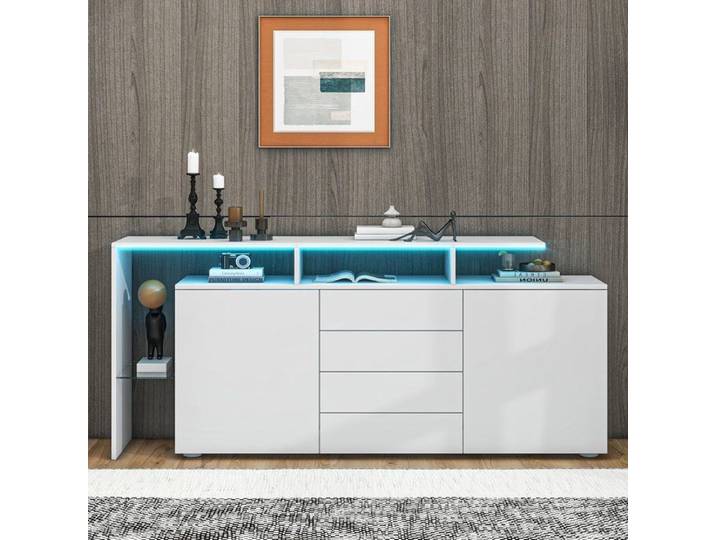Commode Buffet avec LED Meuble de Salon Blanc Brillant en Bois TV Cabinet Sideboard de Rangement Multifonctionnel 160x35x70cm