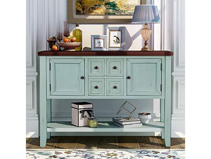 twwhyg Holz-Buffet-Sideboard-Tisch, Konsolen-Aufbewahrungsschrank mit Schubladen(Retro Blue,115 X 38 X 85cm)
