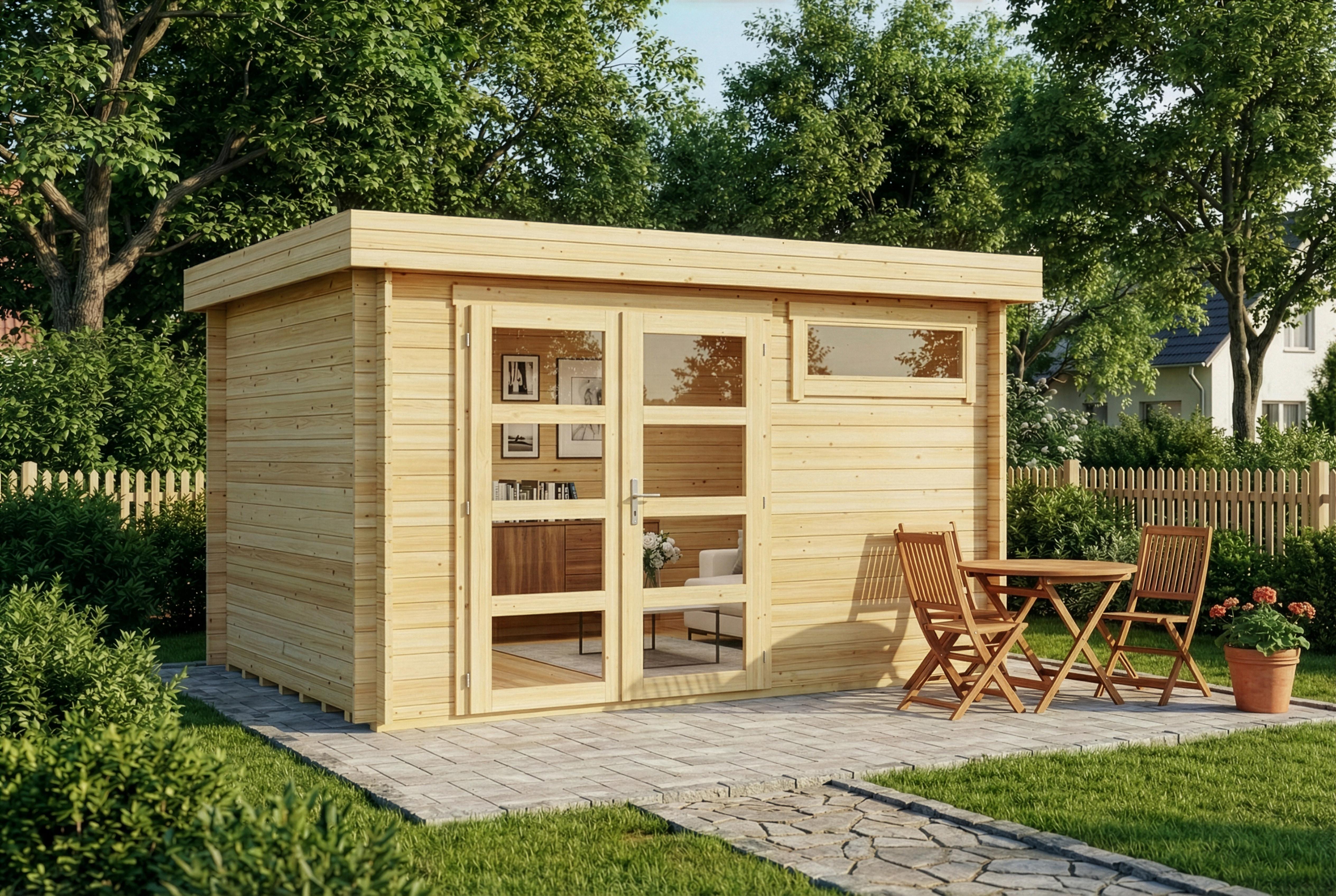 Alpholz Gartenhaus Leandro 394x268cm Natur mit Boden 28mm Wandstärke