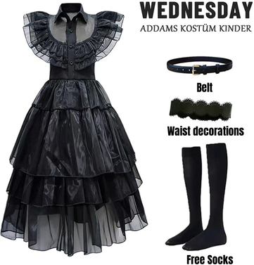 Top Demand Picks Girls Wednesday Addams Costume Complete Kit, Kids Halloween Party Dress With Wig & Accessories For Cosplay Dress Up costume only height 51inch