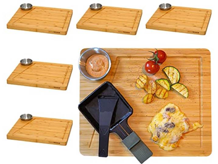 DuneDesign 6 Personen Raclette Teller Set - 30x25 Raclette Brettchen Holz mit Dipschale - Raclette Pfännchen Untersetzer Holz Raclette Holzbrettchen Untersetzer Raclette Pfännchen Zubehör für Raclette