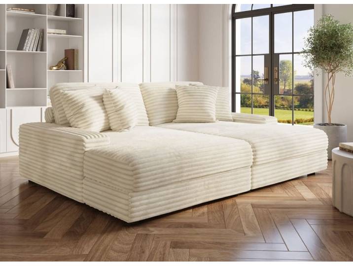 Canapé droit méridienne 2 places côtelé beige