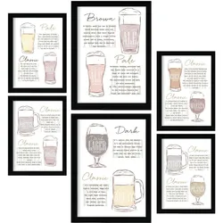 POSTER Set Mit 6 Biersorten Weiß Vollfarbige Illustrationen Von Kaffee & Getränken Im Werbetafel Illustrationen Für & Heim A3 & A4 Schwarzer Rahmen