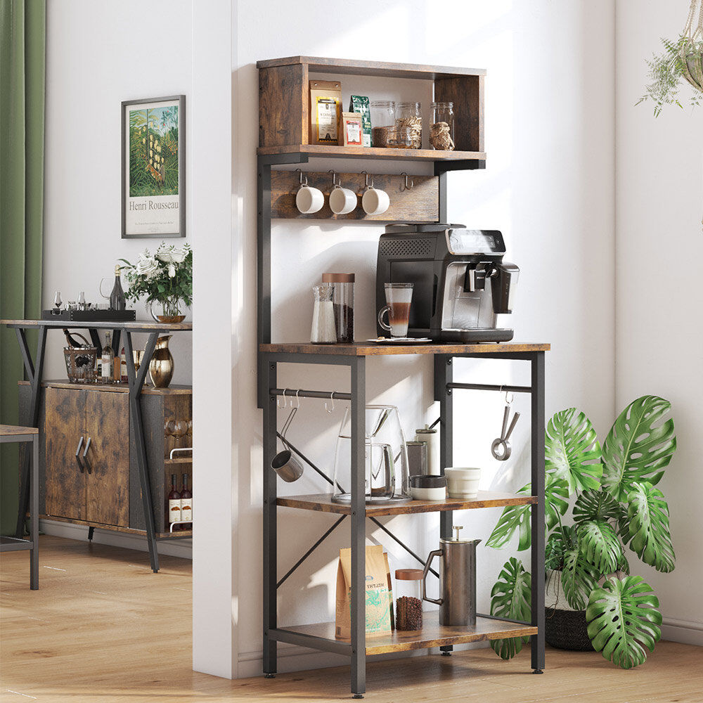 August Grove Selleck 60Cm W Steel Standard Baker's Rack With Multiple Layers of Storage and Hooks Black/Rustic Brown 153cm H X 60cm W X 42cm D