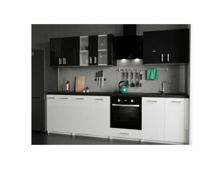 Cuisine leco 280 blanc brillant armoires inférieures noir brillant armoires supérieures sans plan de travail
