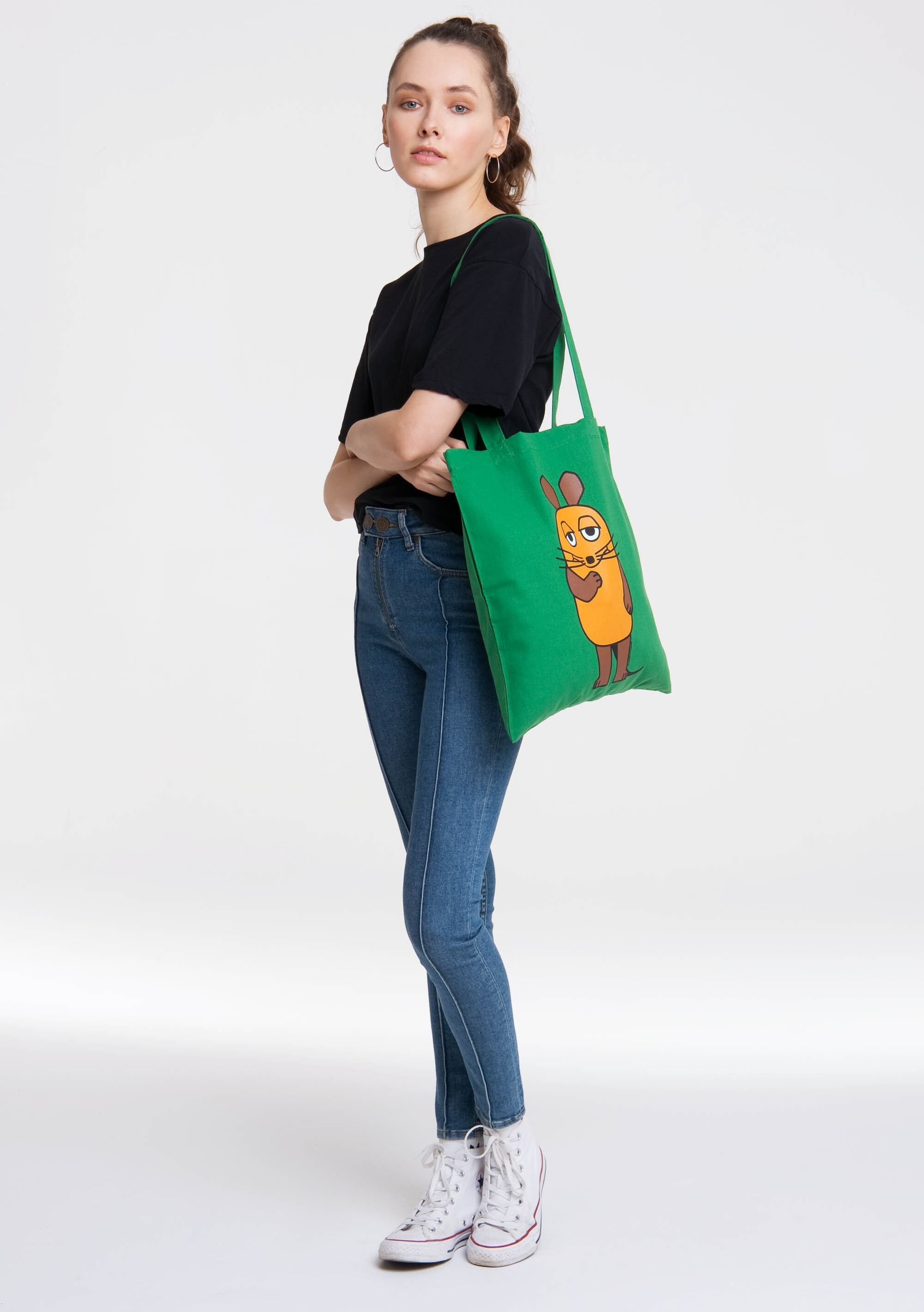 Henkeltasche LOGOSHIRT "Baumwolltasche Die Sendung mit der Maus", Damen, Gr. B/H/T: 8,5cm x 38cm x 42cm, grün, Baumwolle, bedruckt, Taschen, mit Sendung mit der Maus-Logo