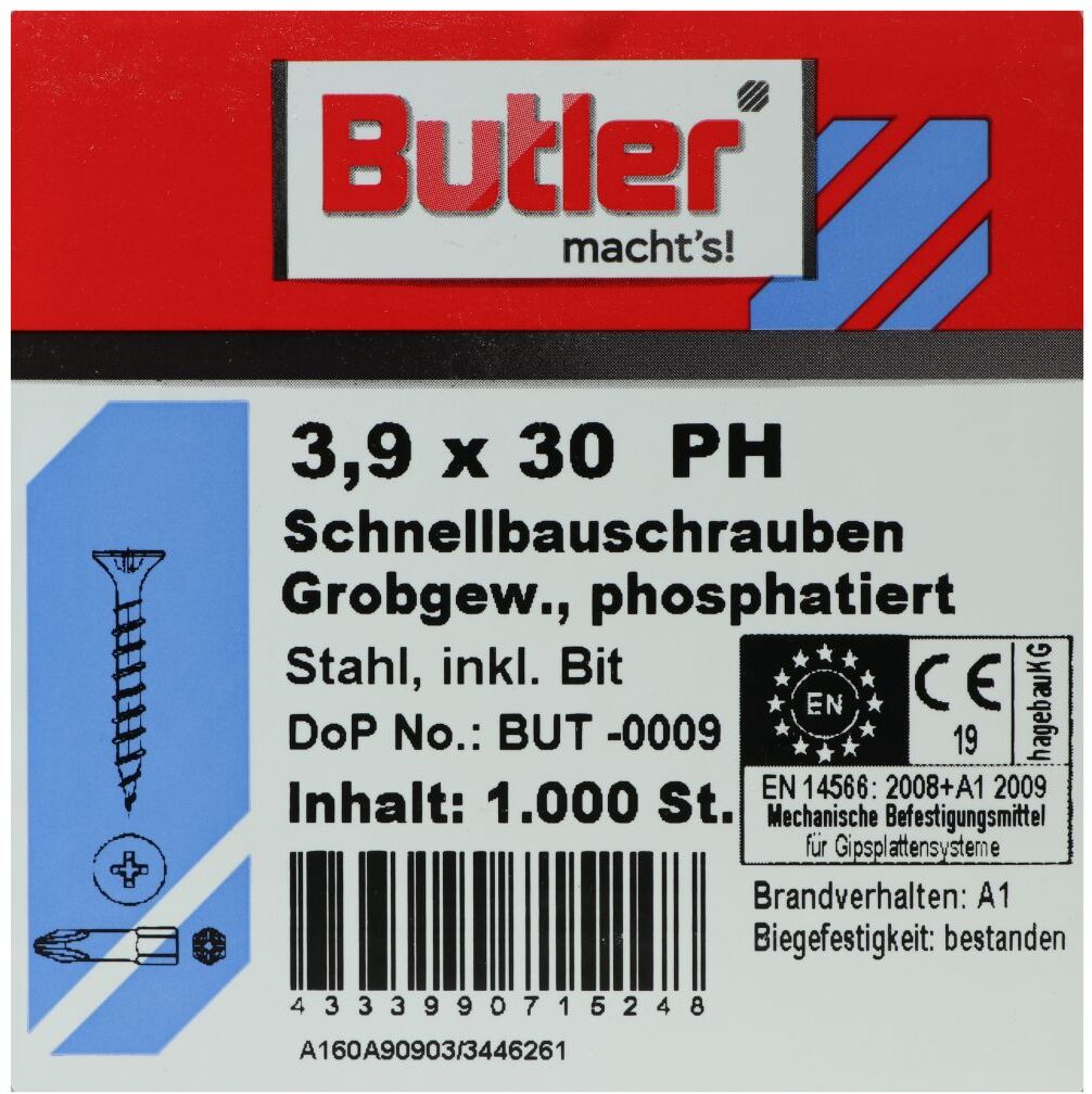 REYHER Butler macht's! Schnellbauschrauben inkl. Bit für Holz auf Holz, Grobgewinde, PH2, 3,9 x 30 mm, 1.000 Stück
