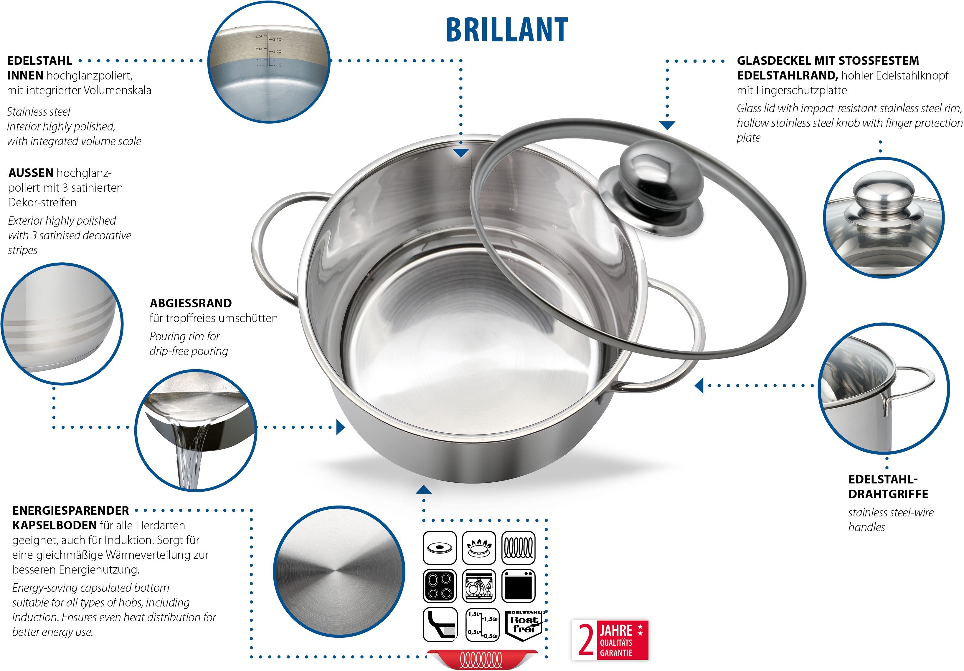 Dampfgartopf ELO BASIC "Brillant", silber (silberfarben), Ø:24cm, Töpfe, Dampfgartopf, Glasdeckel, Induktion silberfarben Ø 24cm