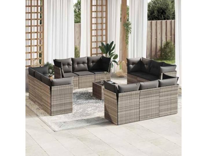 ZQQLVOO 13-Teilige Poly Rattan Sofagarnitur Hellgrau Mit Kissen Modulares Design, abnehmbare waschbare Bezüge, Glastisch, wetterbeständig