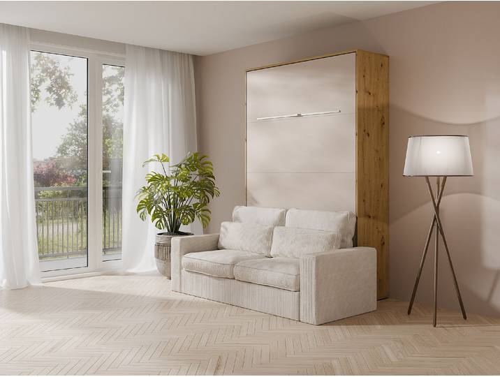 Schrankbett 160 x 200 cm - Manuelles vertikales Öffnungssystem - Mit LEDs - Beige und Natur + Sofa - RAPILI
