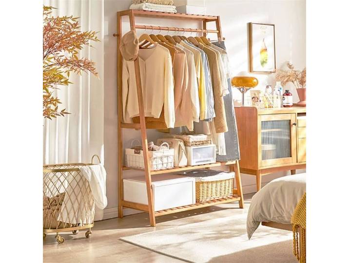 UNHO Portant À Vêtement Penderie Armoire Rangement pour Vêtements et Penderies en Bambou pour Salon Chambre Dressing 43.5x80x165cm
