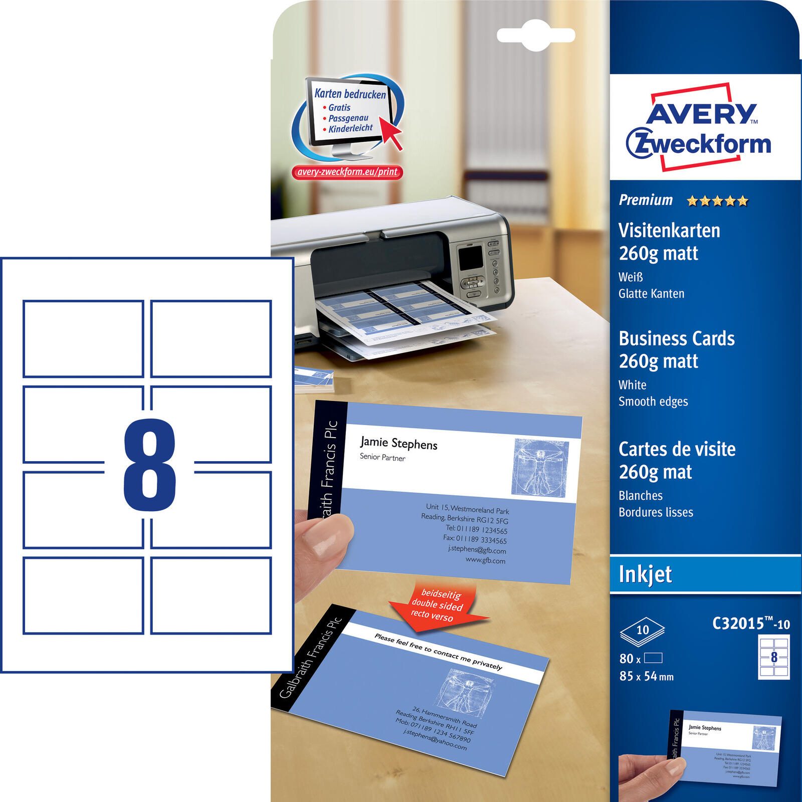 AVERY Zweckform Visitenkarten 260 g/m² matt weiß C32015-10
