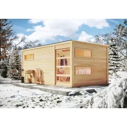 Karibu Gartensauna Saunahaus Hygge inkl. Vorraum, naturbelassen-9 kW Bio-Kombiofen inkl. Huum Wlan Steuergerät mit App-Funktion